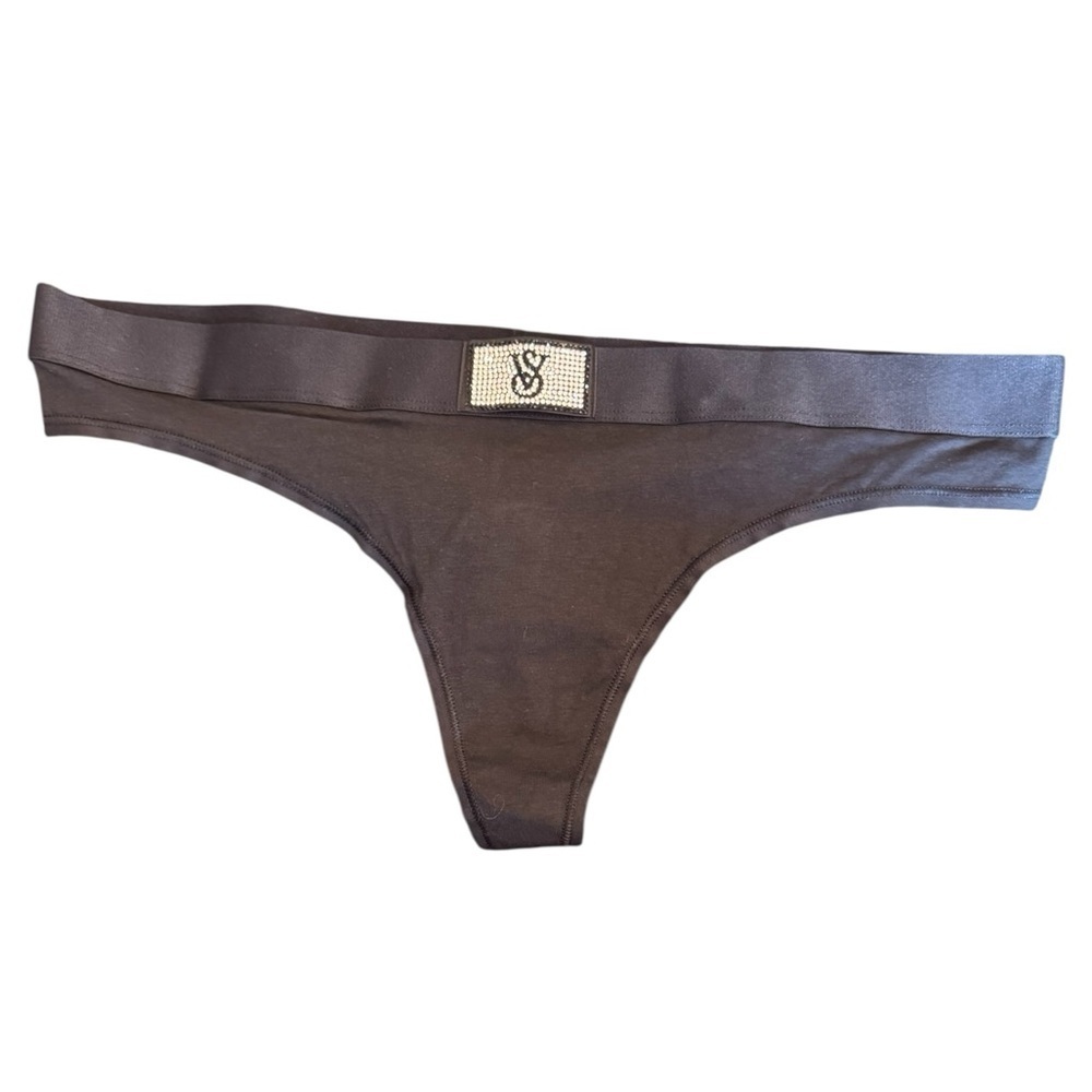 Victoria's Secret Black Logo Embellished Thong Women's Size Large NWT